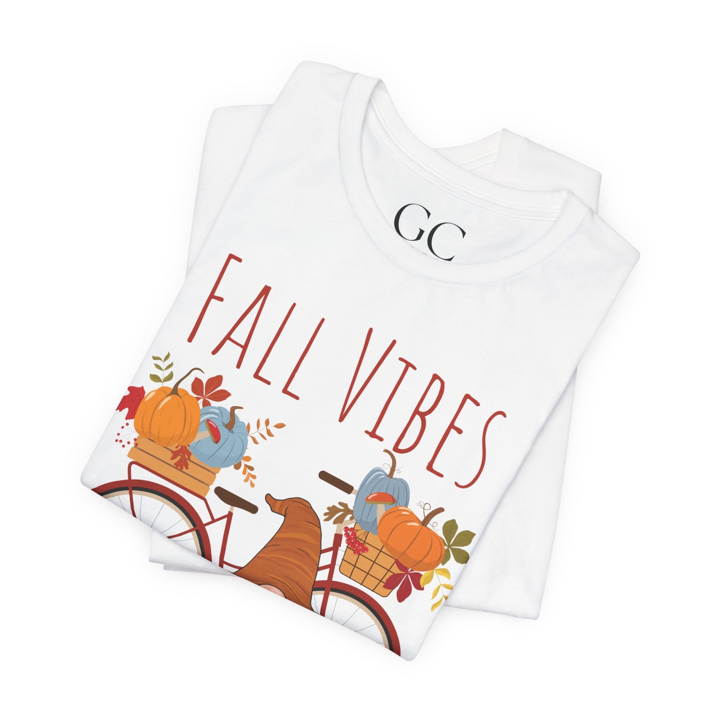Fall Vibes T-Shirt | Cute Gnome & Bicycle | Autumn Pumpkin Tee