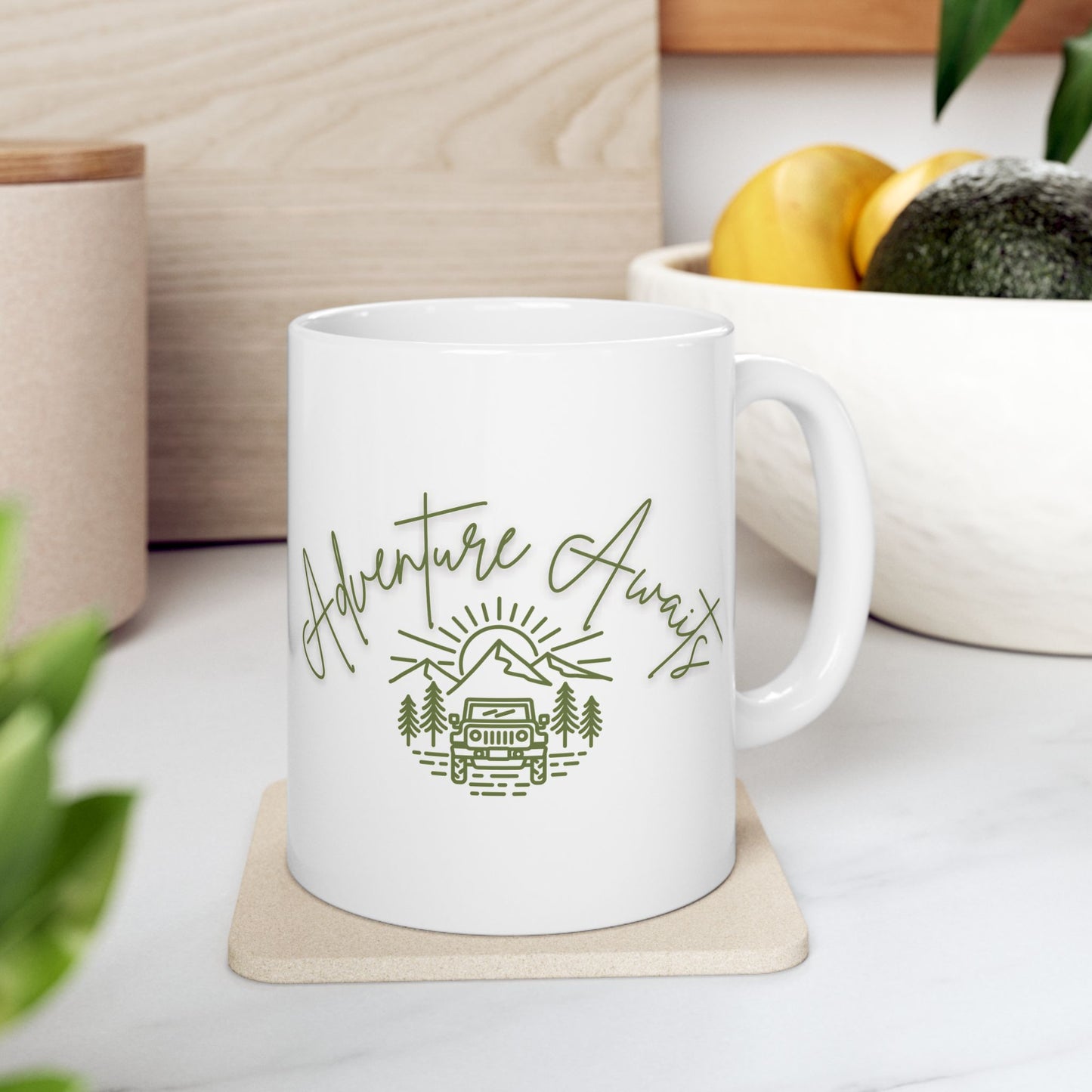 Adventure Awaits Mug | Nature Lover Coffee Cup | Jeep + Mountain Camping Gift