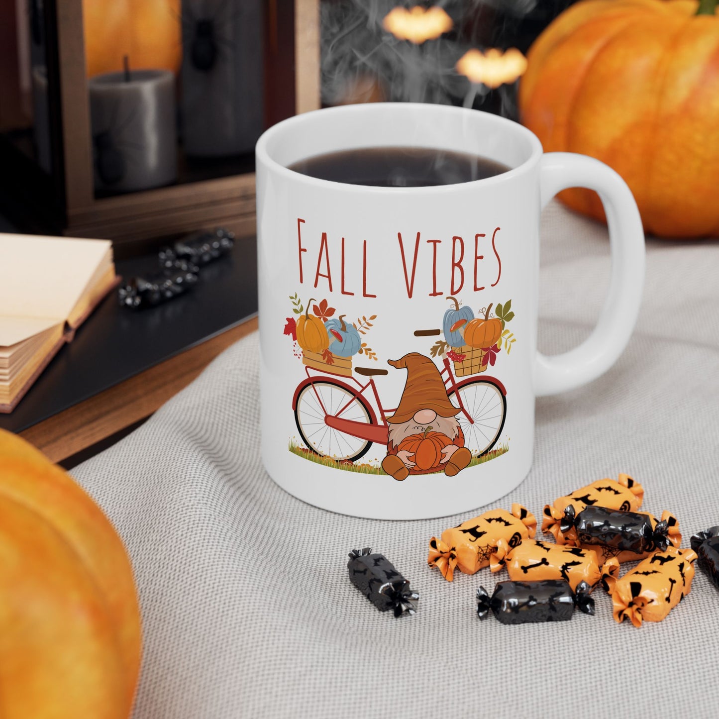Fall Vibes – Gnome with Bicycle & Pumpkins Autumn Mug