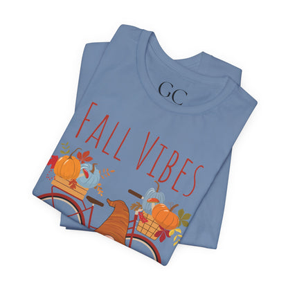 Fall Vibes T-Shirt | Cute Gnome & Bicycle | Autumn Pumpkin Tee