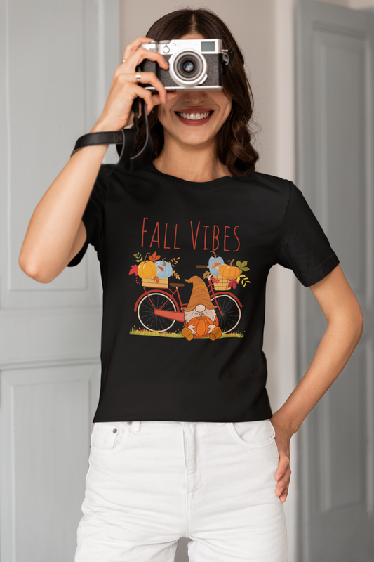 Fall Vibes T-Shirt | Cute Gnome & Bicycle | Autumn Pumpkin Tee