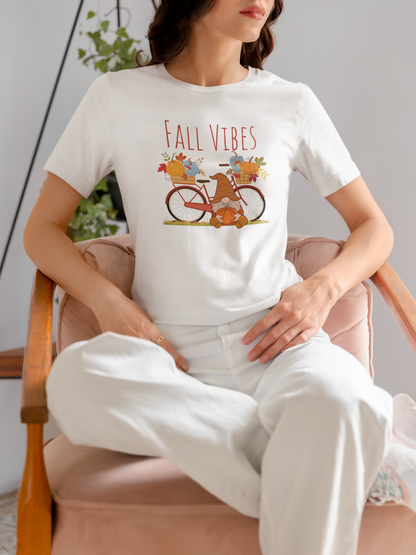 Fall Vibes T-Shirt | Cute Gnome & Bicycle | Autumn Pumpkin Tee