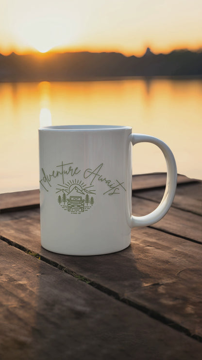 Adventure Awaits Mug | Nature Lover Coffee Cup | Jeep + Mountain Camping Gift