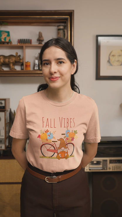 Fall Vibes T-Shirt | Cute Gnome & Bicycle | Autumn Pumpkin Tee